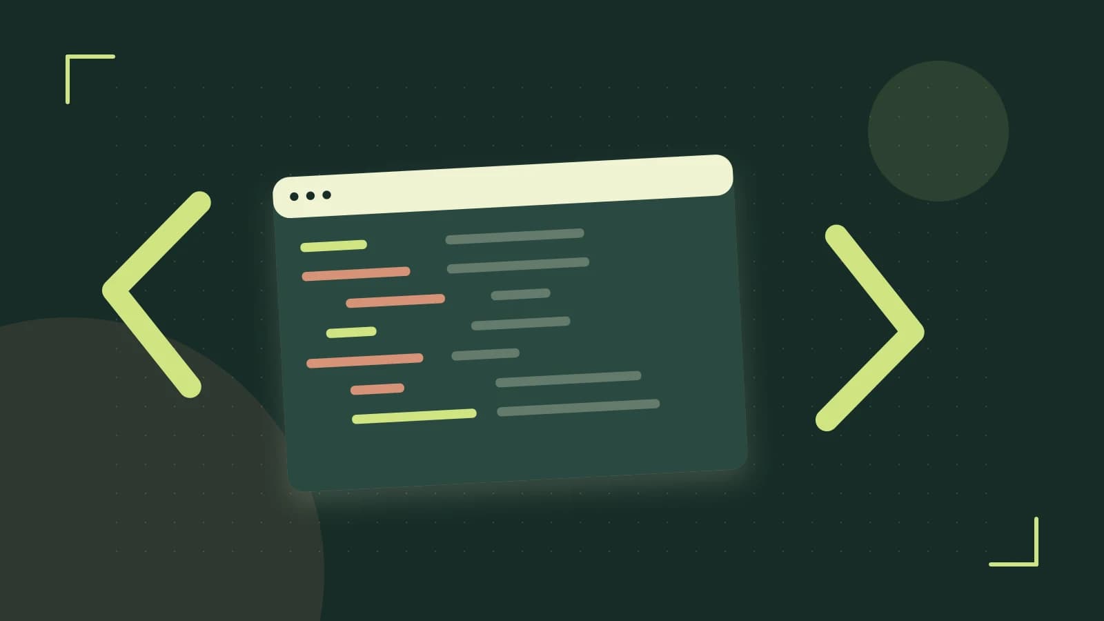 Editorial illustration of an abstract code editor, syntax blocks and oversized programming brackets