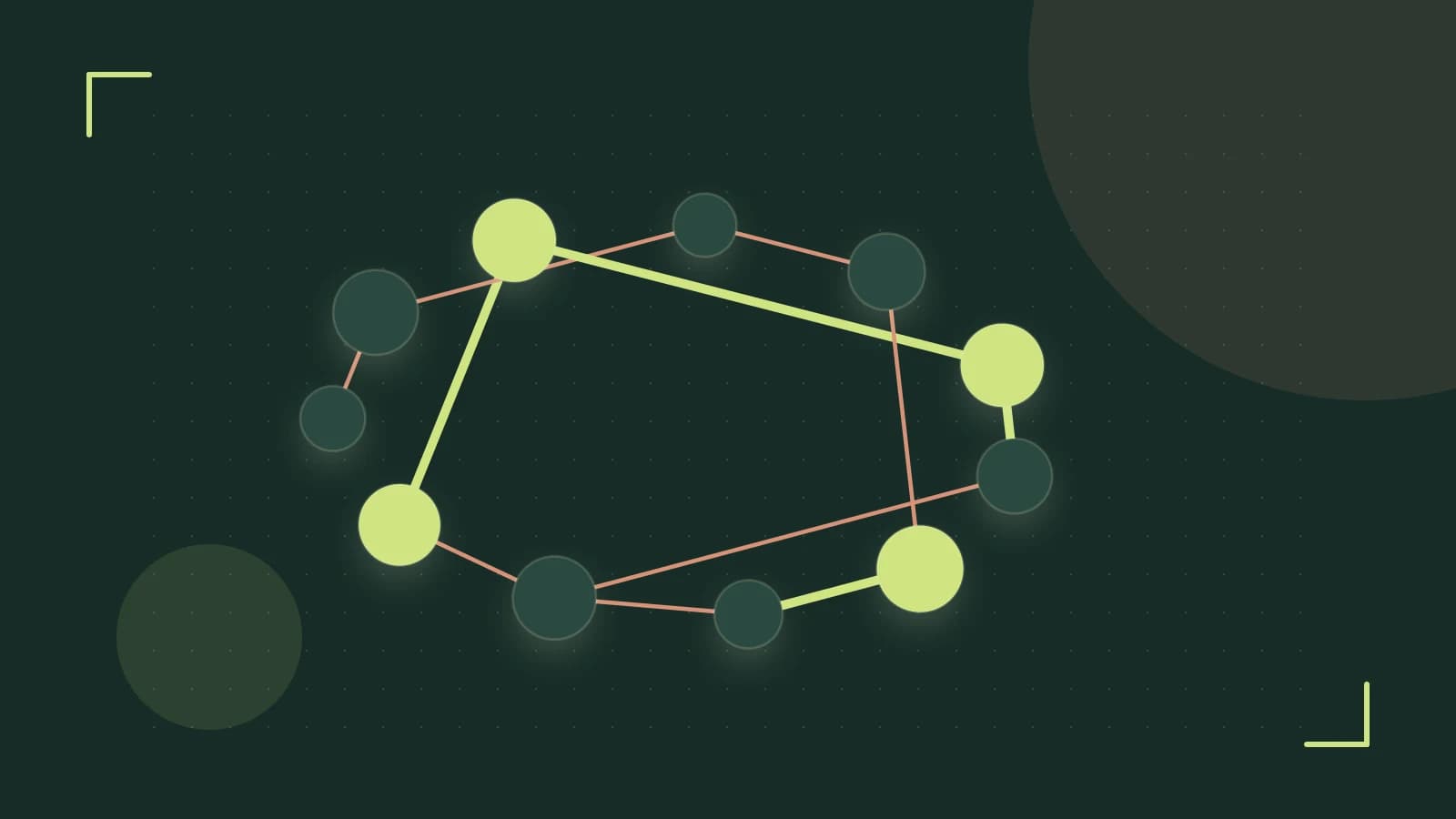 Editorial illustration of an algorithmic node graph with branching paths and a highlighted result
