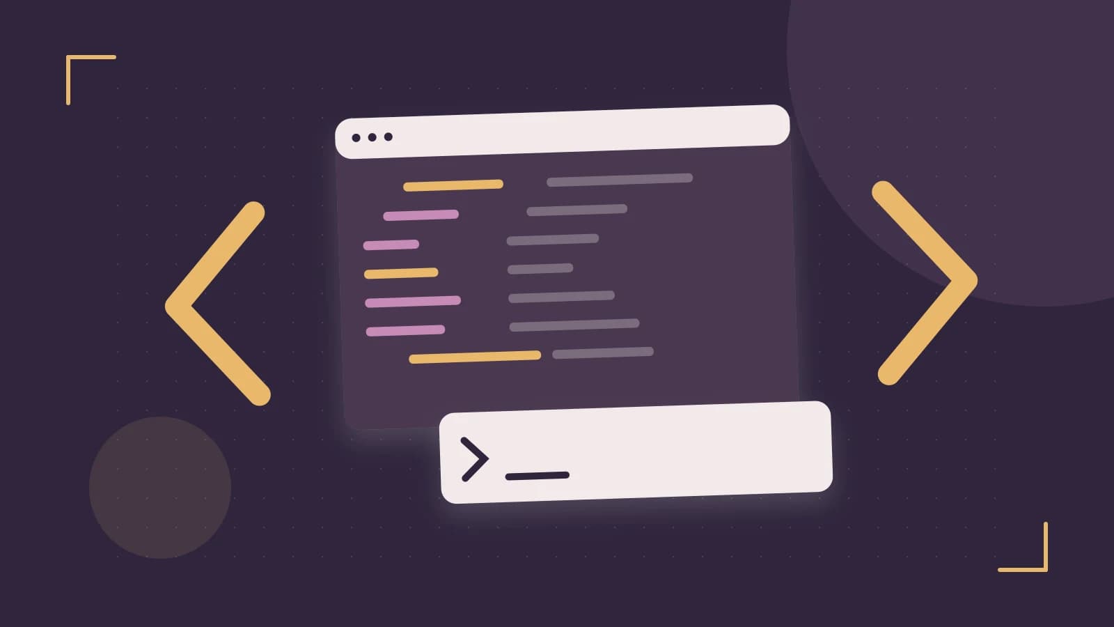 Editorial illustration of an abstract code editor, syntax blocks and oversized programming brackets