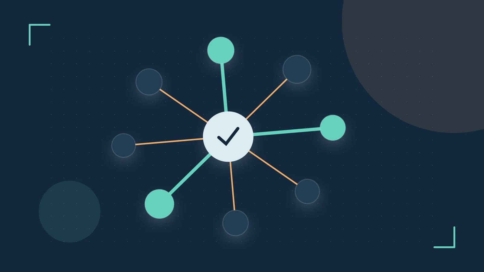 Editorial illustration of an algorithmic node graph with branching paths and a highlighted result