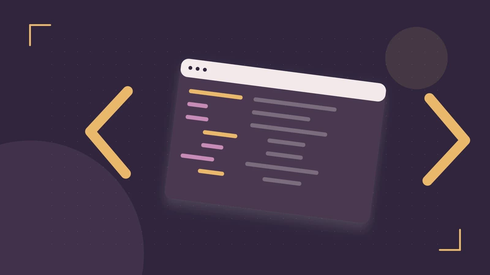 Editorial illustration of an abstract code editor, syntax blocks and oversized programming brackets