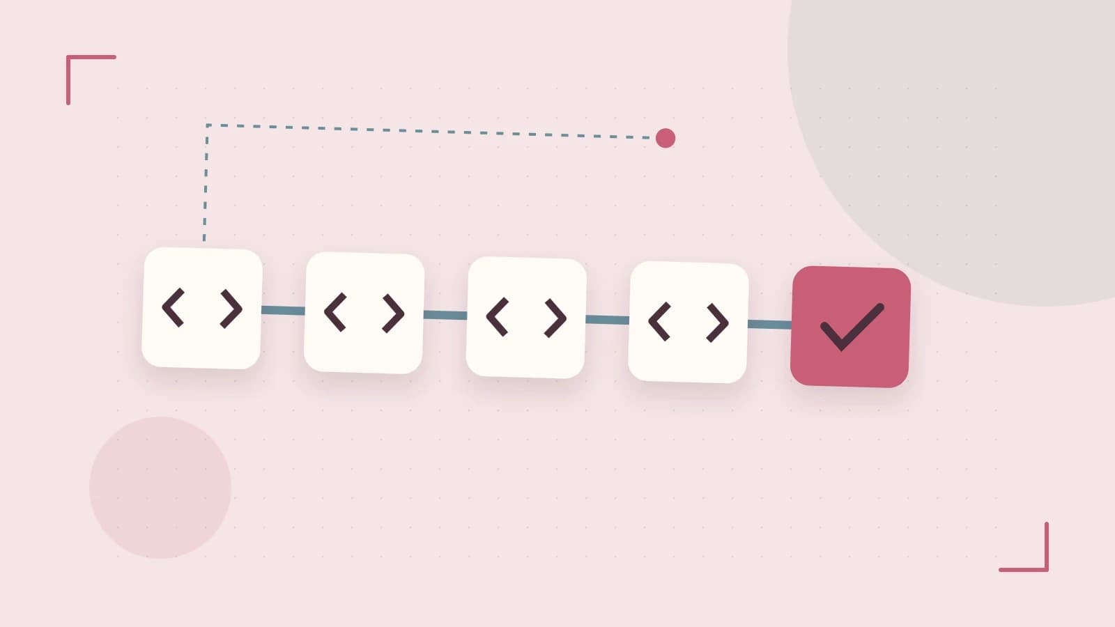 Editorial illustration of a branching build pipeline, staged transformations and a completed check