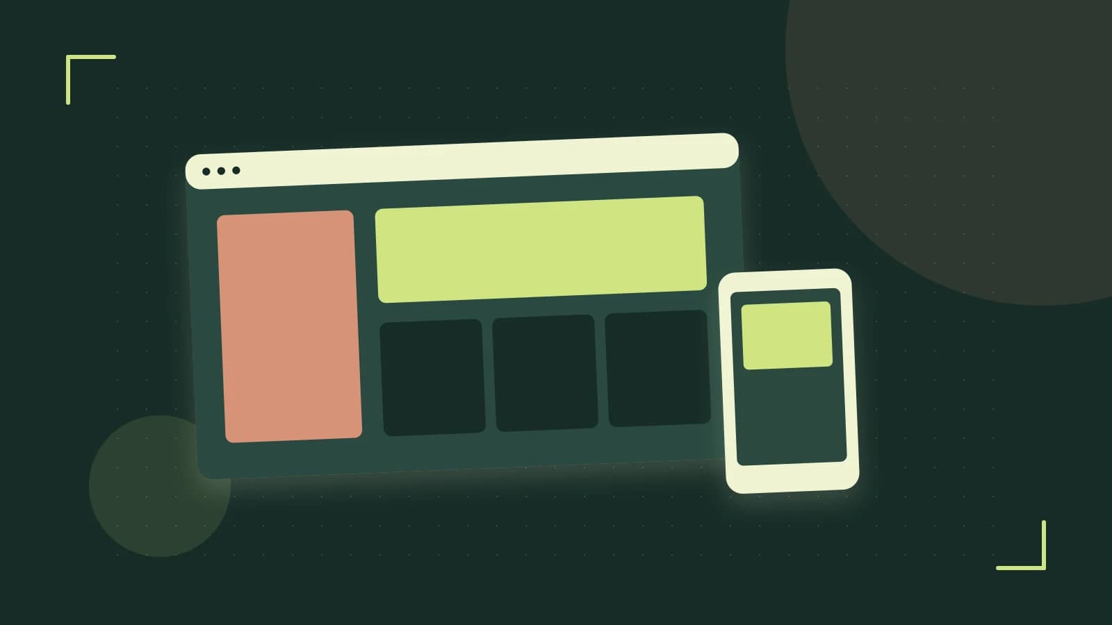 Editorial illustration of responsive browser layouts, overlapping design components and a color system