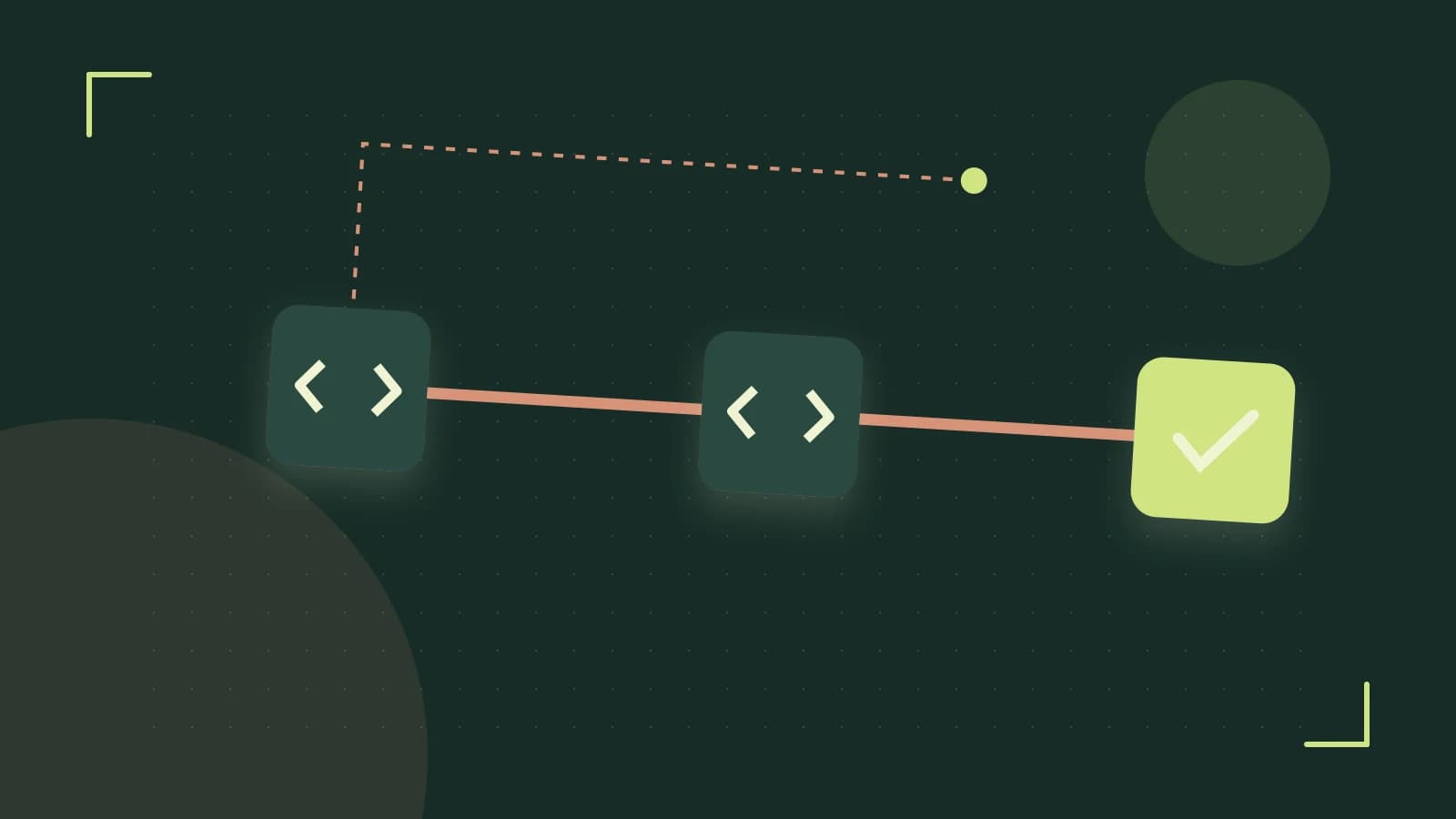 Editorial illustration of a branching build pipeline, staged transformations and a completed check