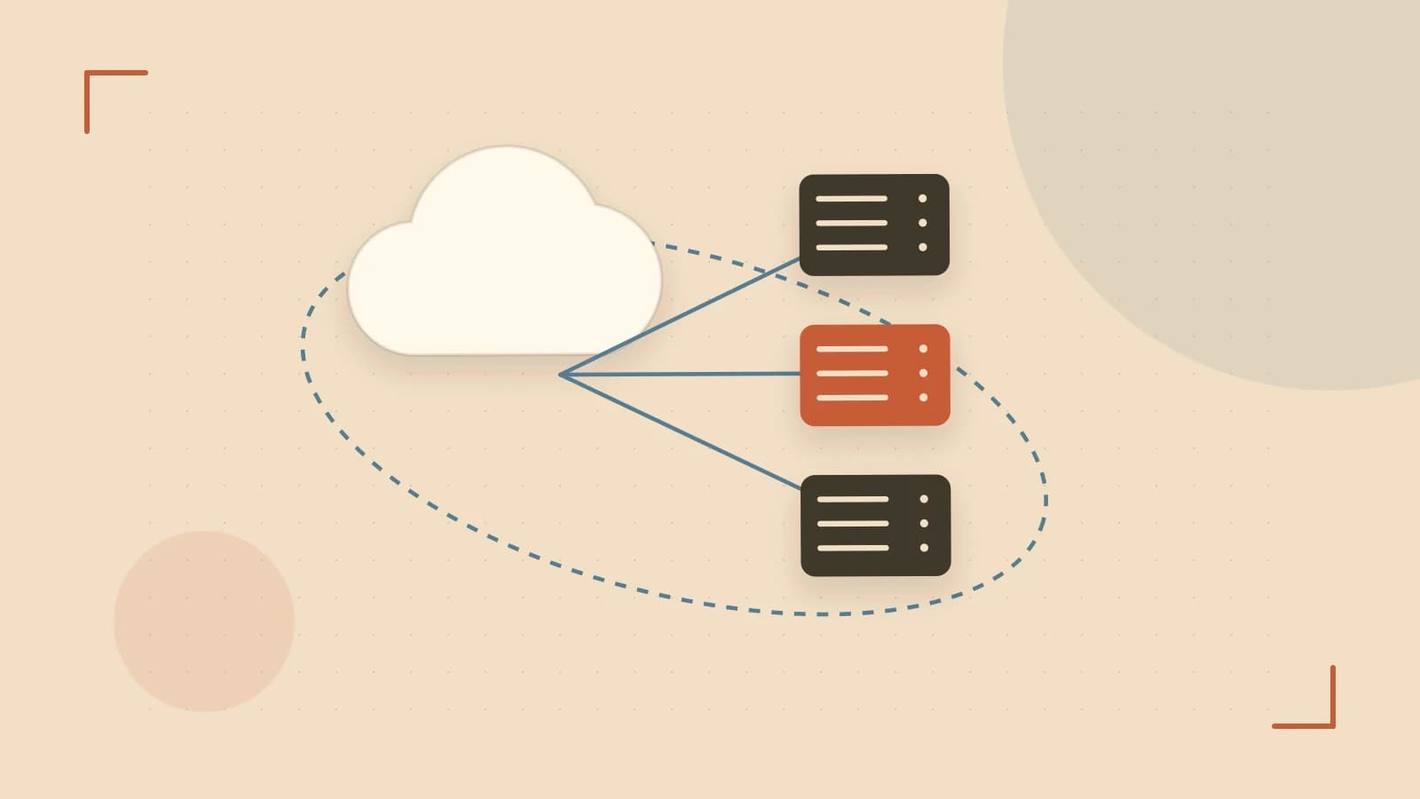 Editorial illustration of cloud infrastructure, connected server racks and an orbital service map