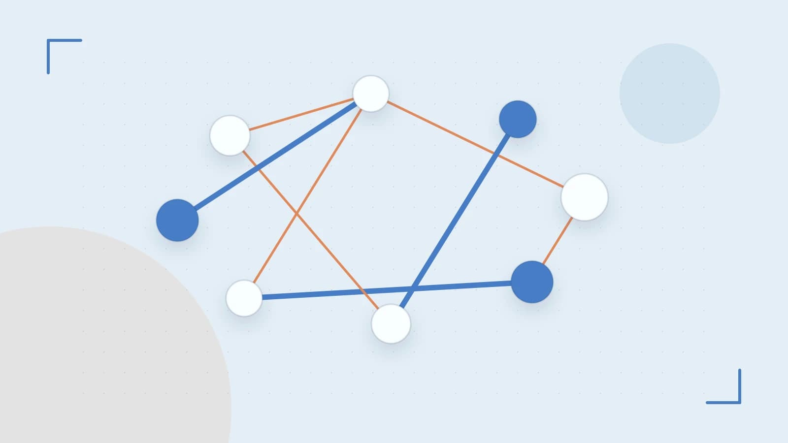 Editorial illustration of an algorithmic node graph with branching paths and a highlighted result