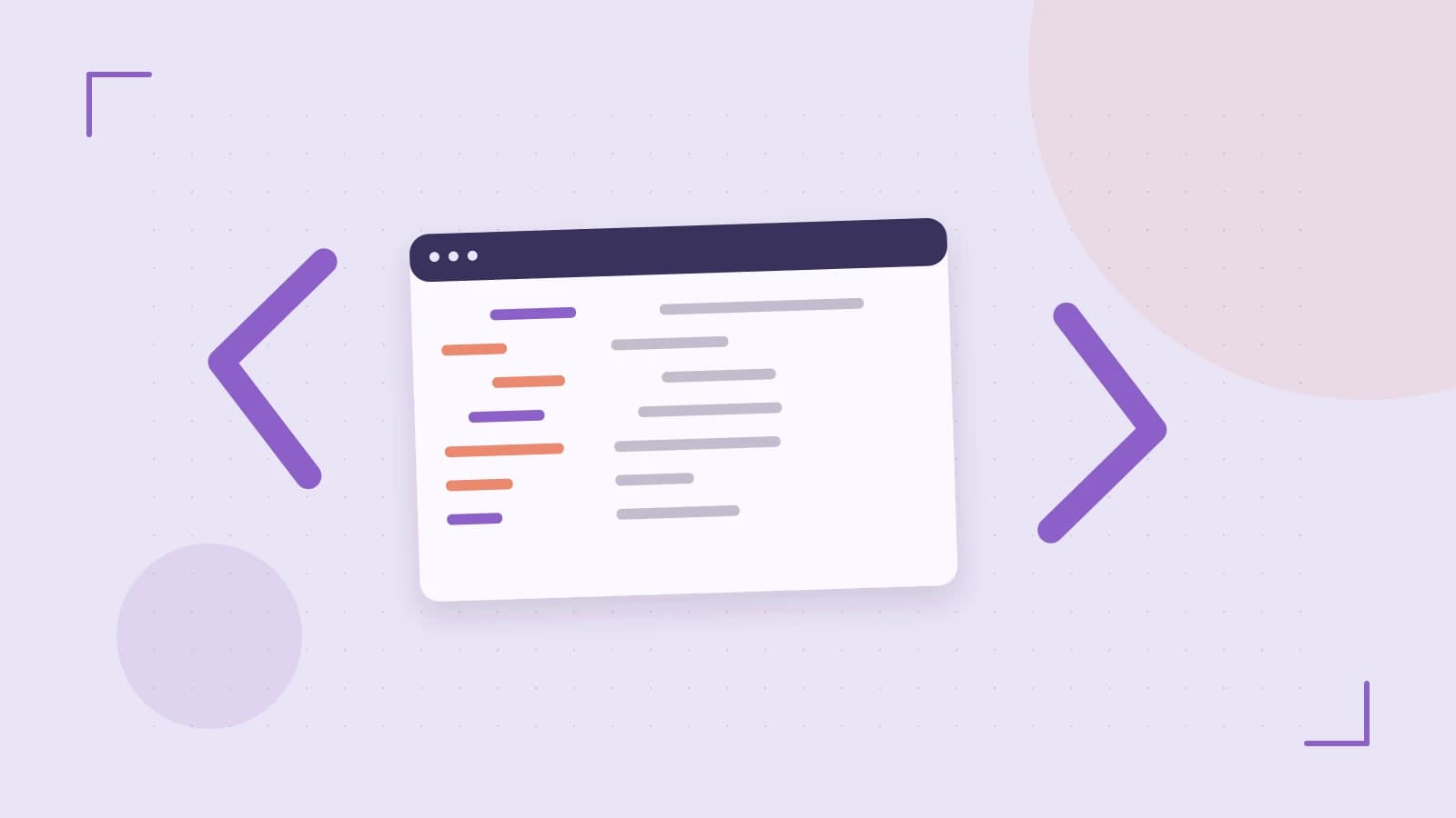 Editorial illustration of an abstract code editor, syntax blocks and oversized programming brackets