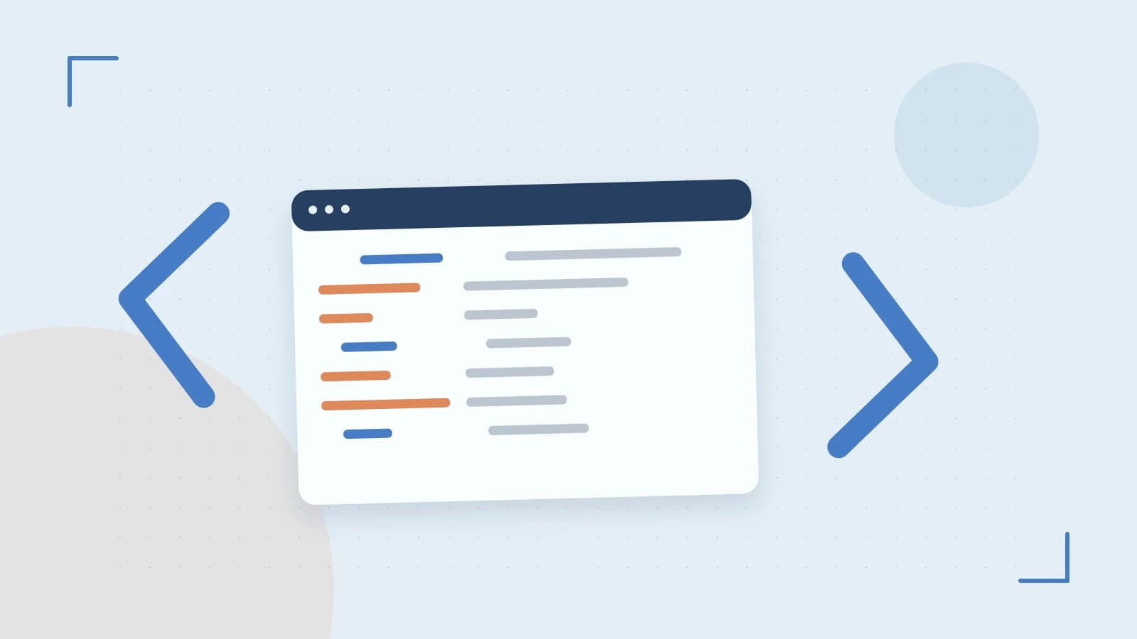 Editorial illustration of an abstract code editor, syntax blocks and oversized programming brackets