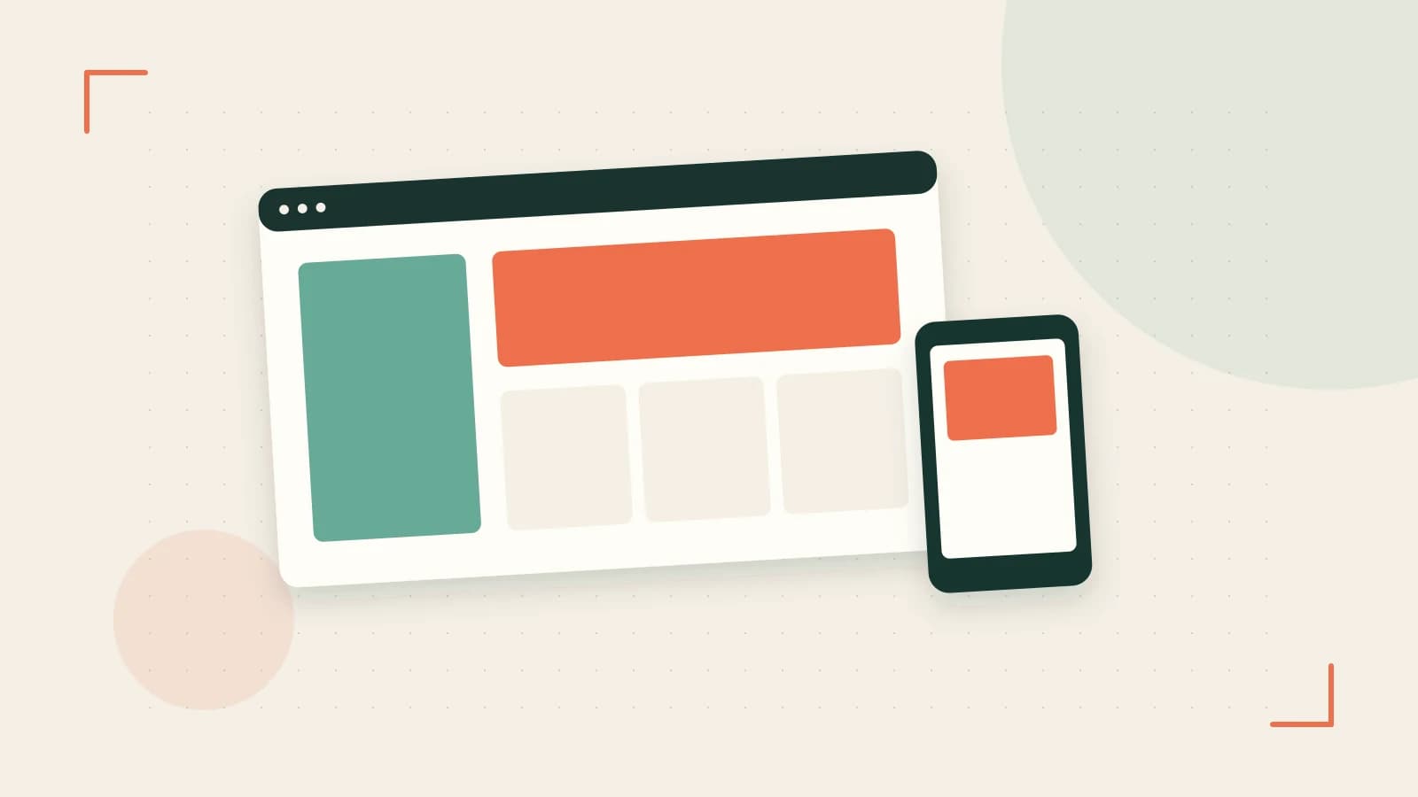 Editorial illustration of responsive browser layouts, overlapping design components and a color system