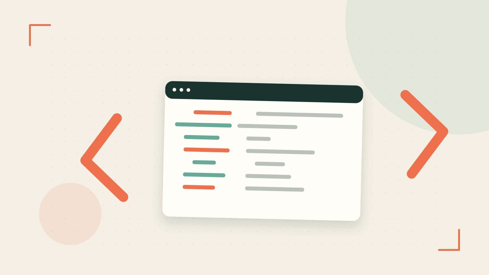 Editorial illustration of an abstract code editor, syntax blocks and oversized programming brackets