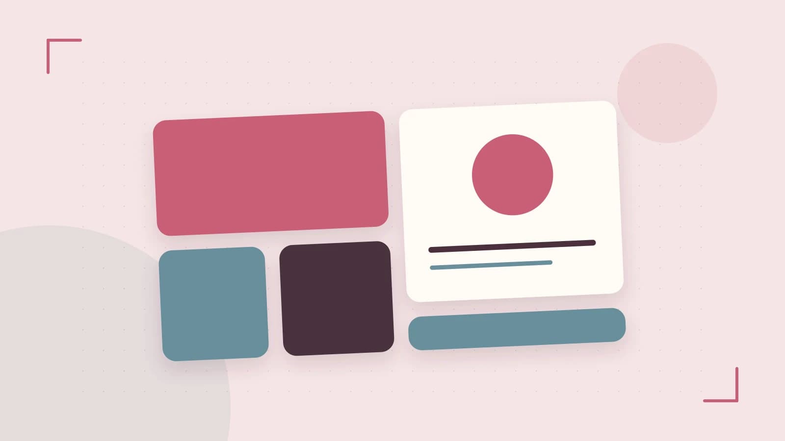 Editorial illustration of responsive browser layouts, overlapping design components and a color system
