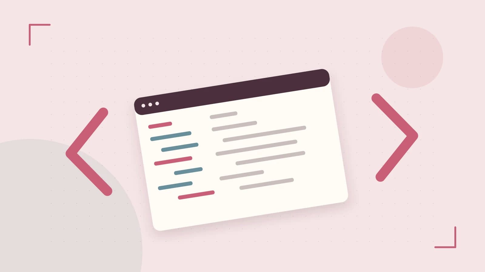 Editorial illustration of an abstract code editor, syntax blocks and oversized programming brackets