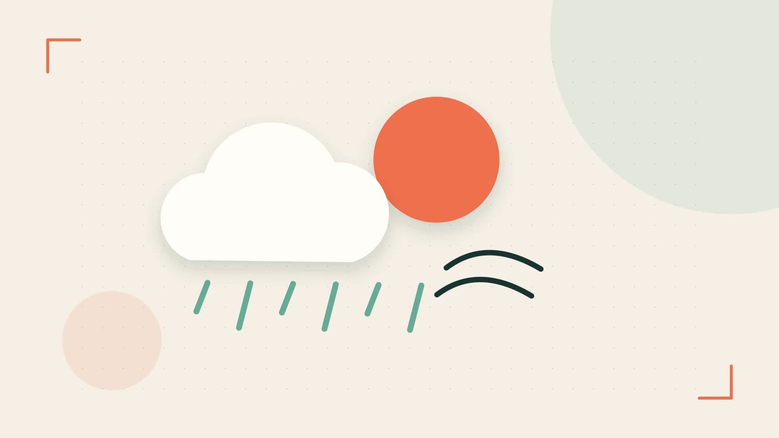 Editorial illustration of a sun, layered clouds, raindrops and flowing weather patterns