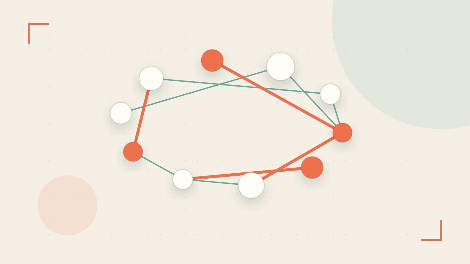 Editorial illustration of an algorithmic node graph with branching paths and a highlighted result