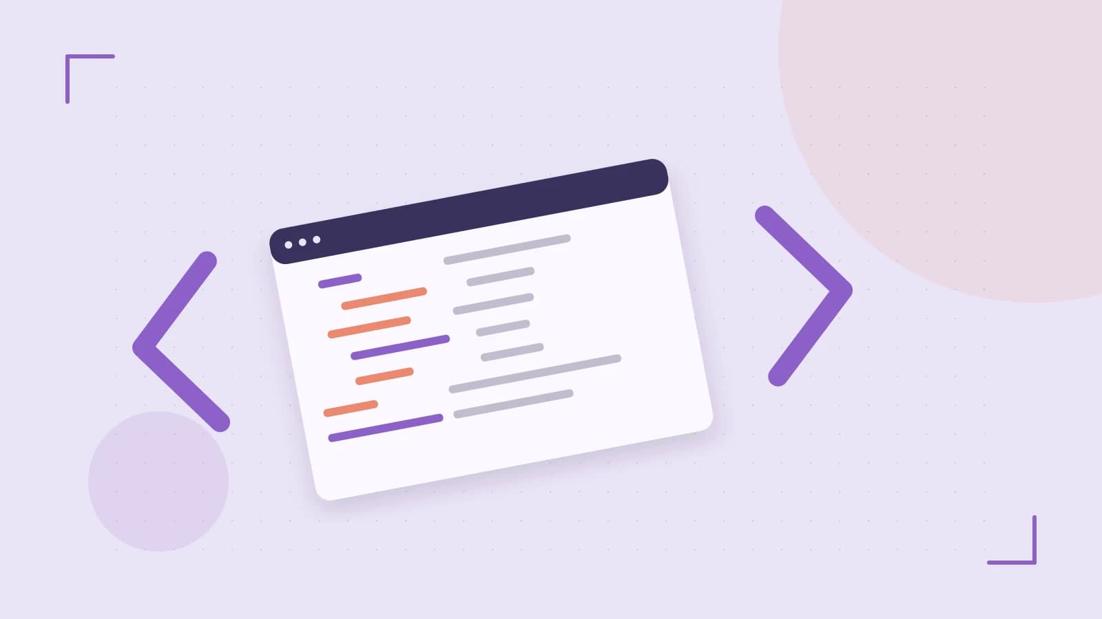 Editorial illustration of an abstract code editor, syntax blocks and oversized programming brackets