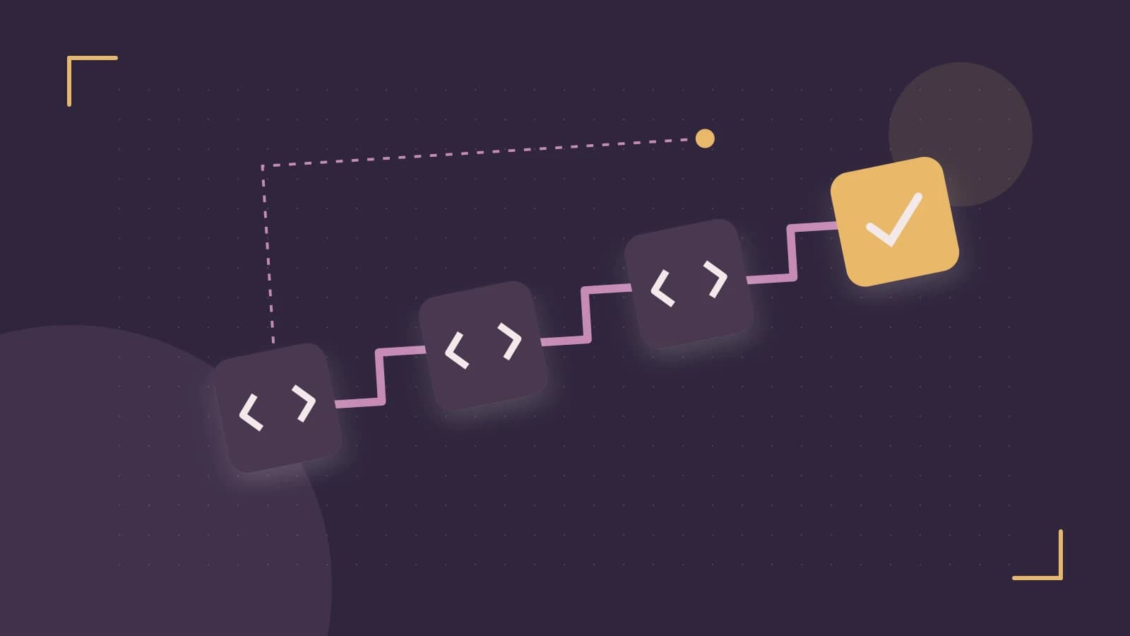 Editorial illustration of a branching build pipeline, staged transformations and a completed check