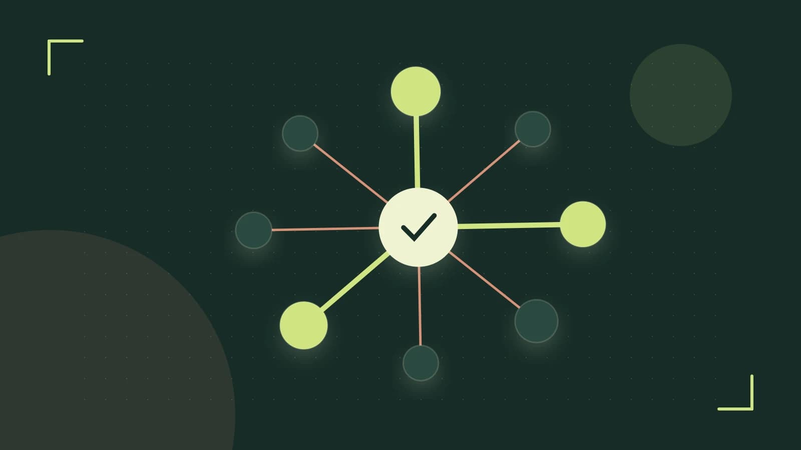 Editorial illustration of an algorithmic node graph with branching paths and a highlighted result