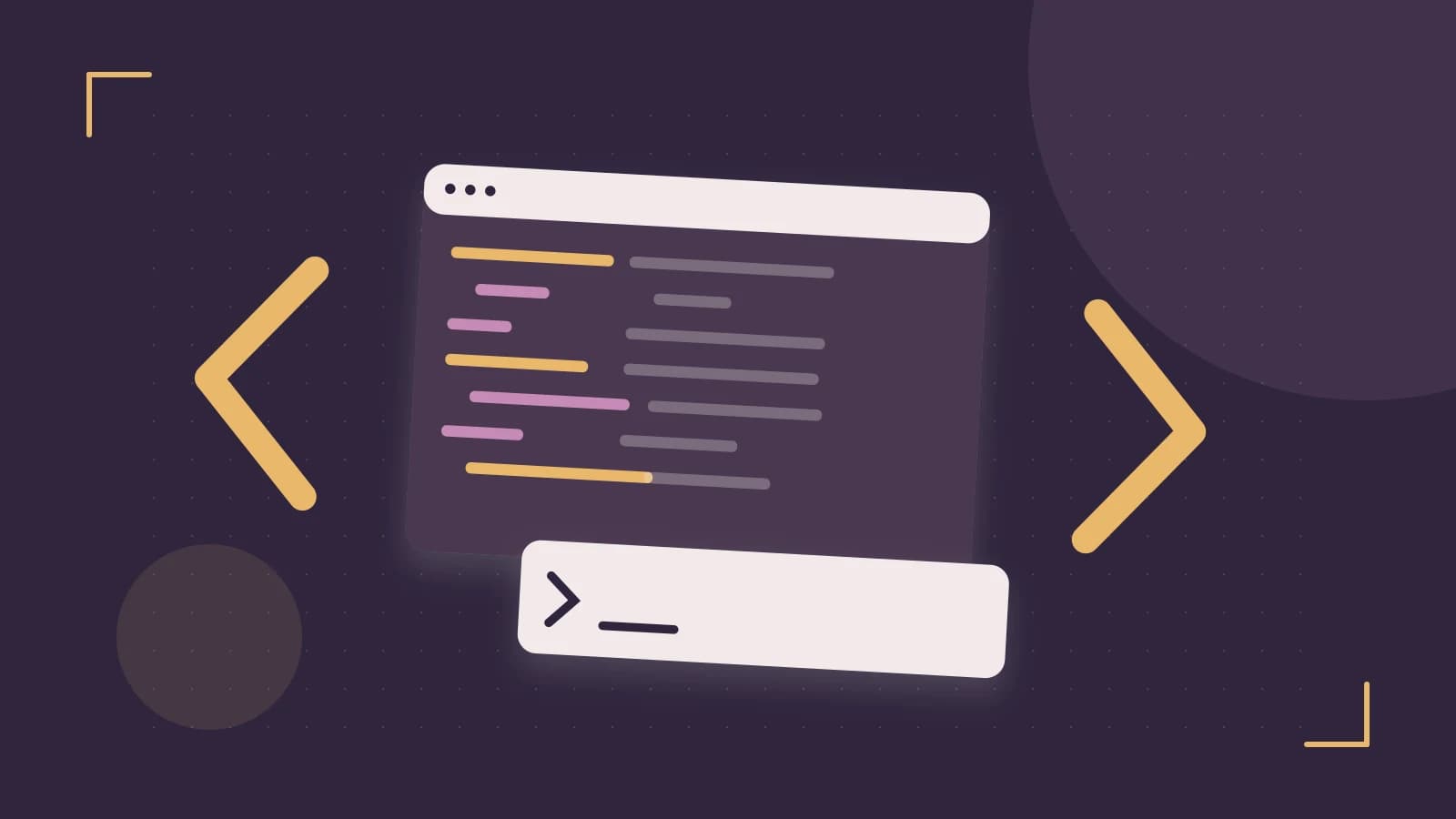 Editorial illustration of an abstract code editor, syntax blocks and oversized programming brackets