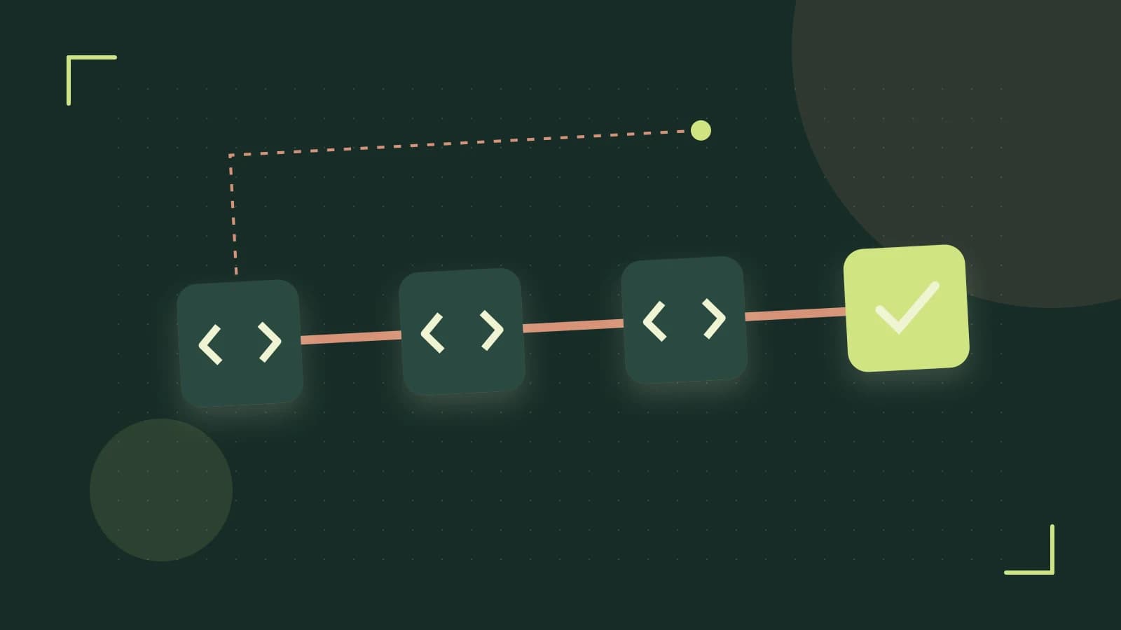 Editorial illustration of a branching build pipeline, staged transformations and a completed check