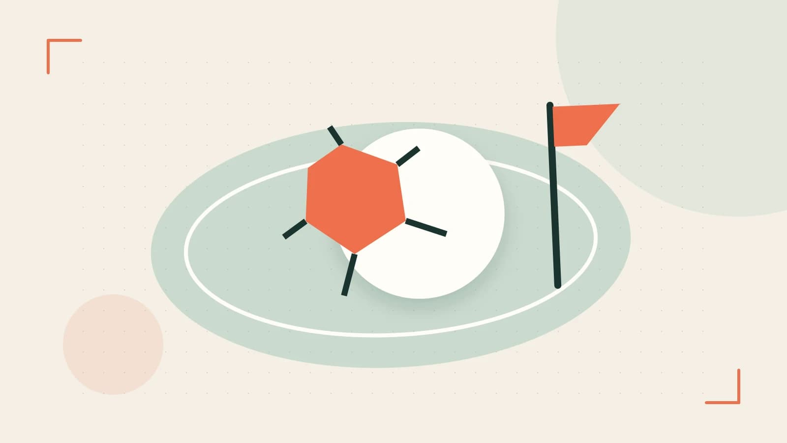 Editorial illustration of a stylized sports ball, stadium geometry and dynamic arcs