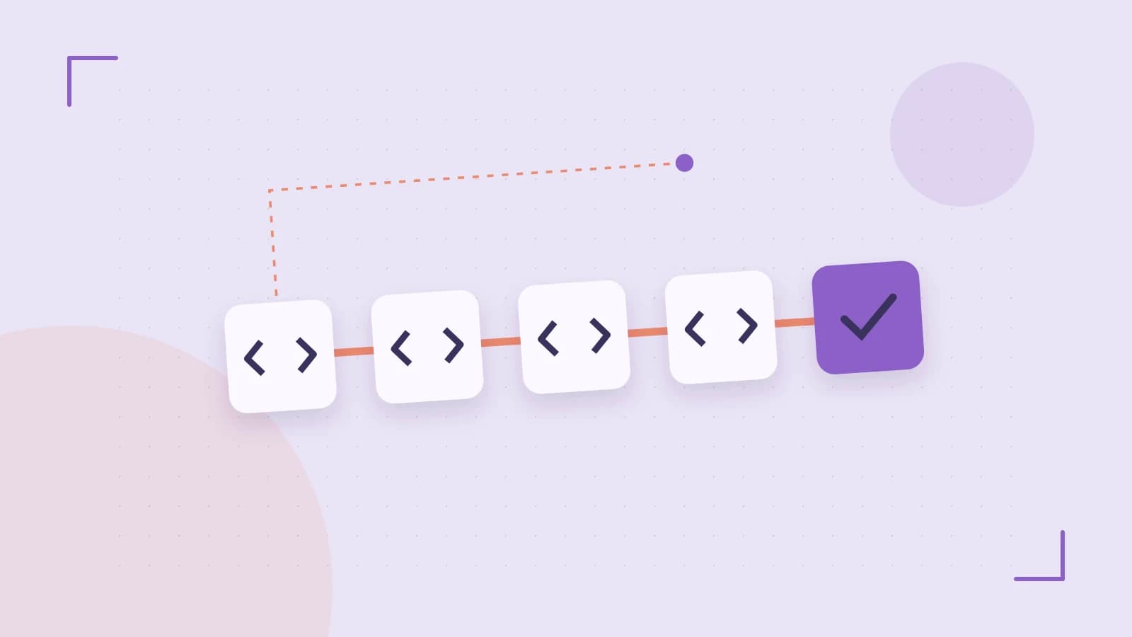 Editorial illustration of a branching build pipeline, staged transformations and a completed check