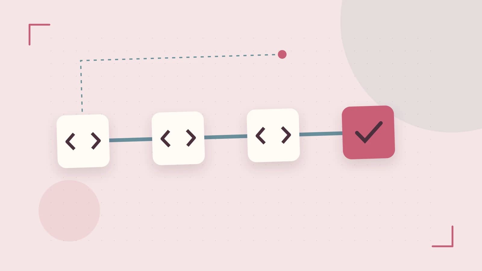 Editorial illustration of a branching build pipeline, staged transformations and a completed check