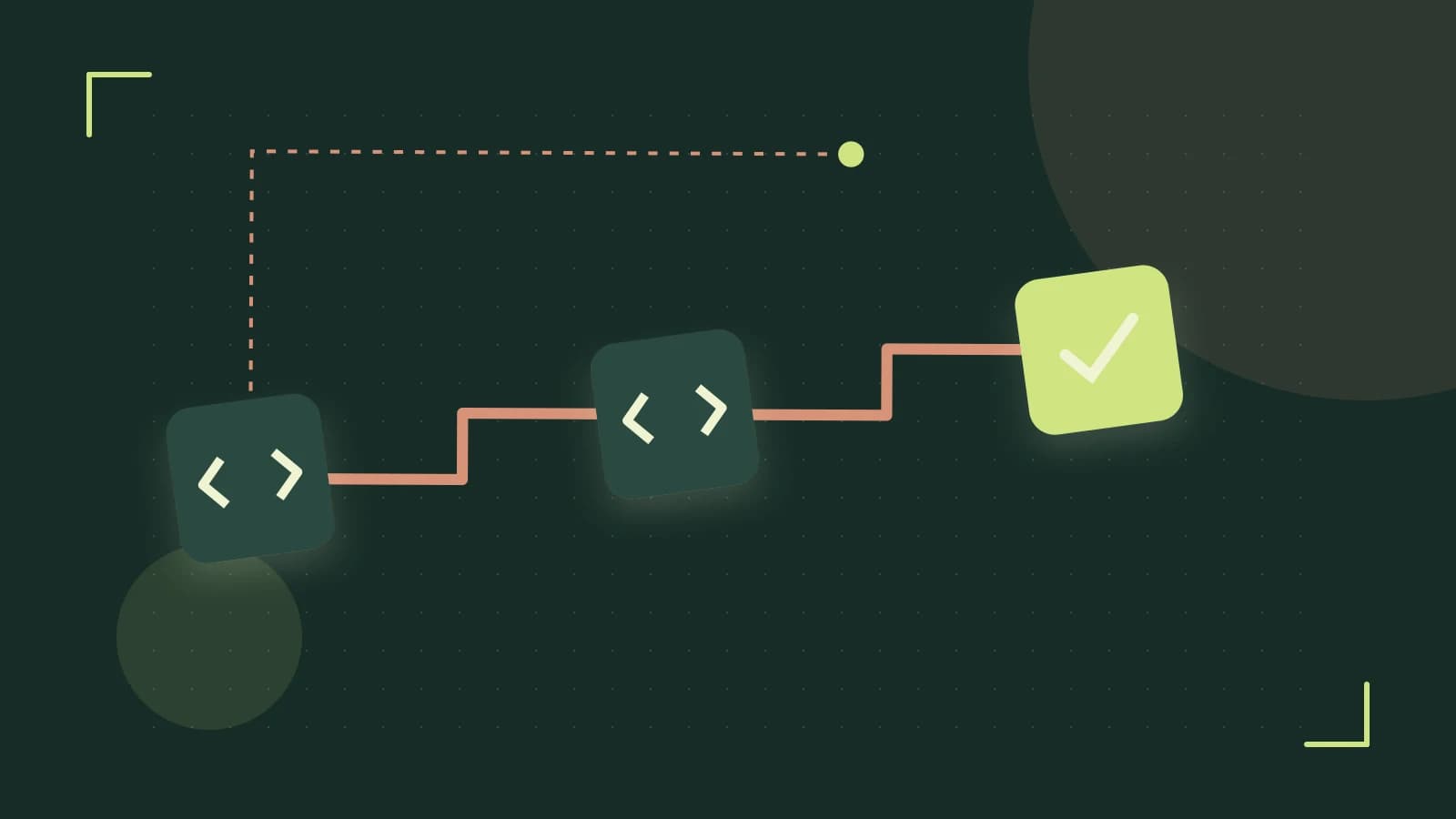 Editorial illustration of a branching build pipeline, staged transformations and a completed check