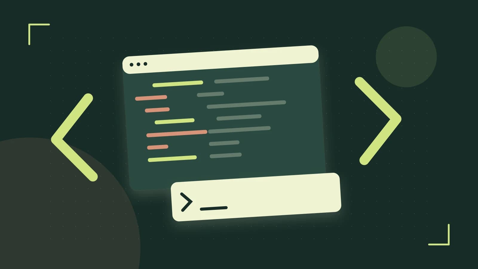 Editorial illustration of an abstract code editor, syntax blocks and oversized programming brackets