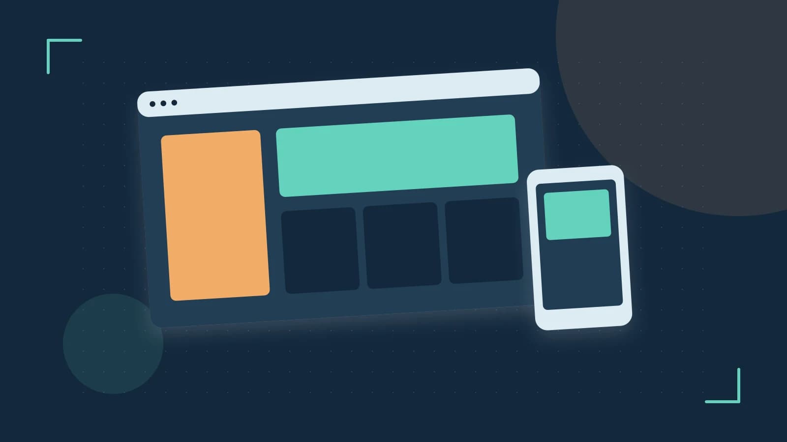 Editorial illustration of responsive browser layouts, overlapping design components and a color system