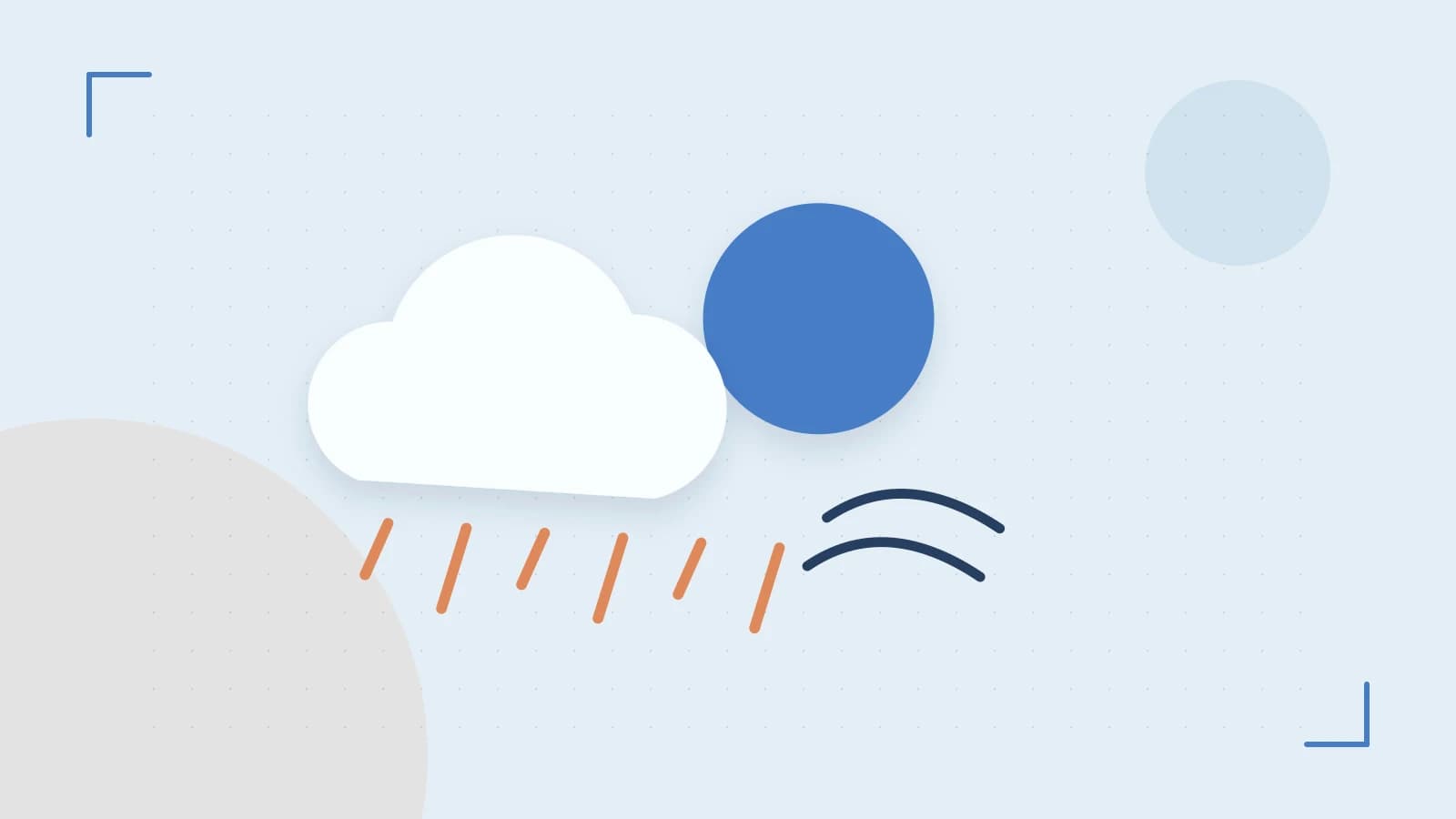 Editorial illustration of a sun, layered clouds, raindrops and flowing weather patterns