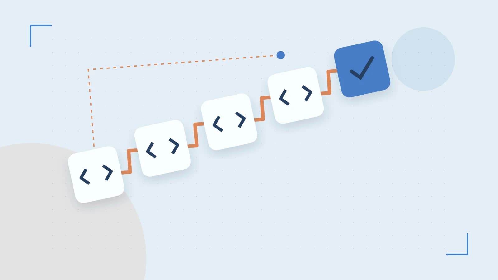 Editorial illustration of a branching build pipeline, staged transformations and a completed check