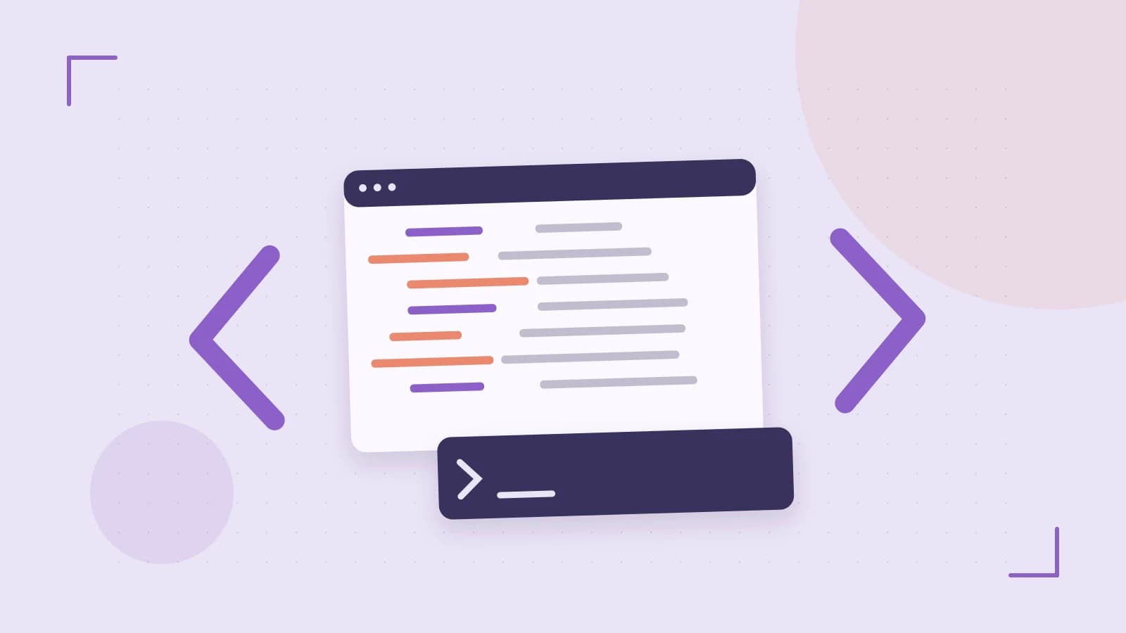 Editorial illustration of an abstract code editor, syntax blocks and oversized programming brackets