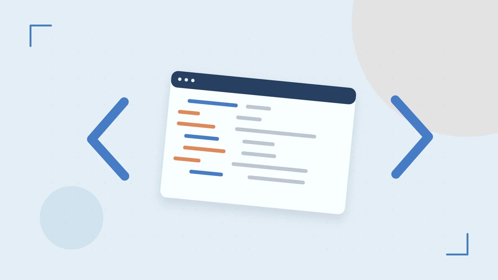 Editorial illustration of an abstract code editor, syntax blocks and oversized programming brackets