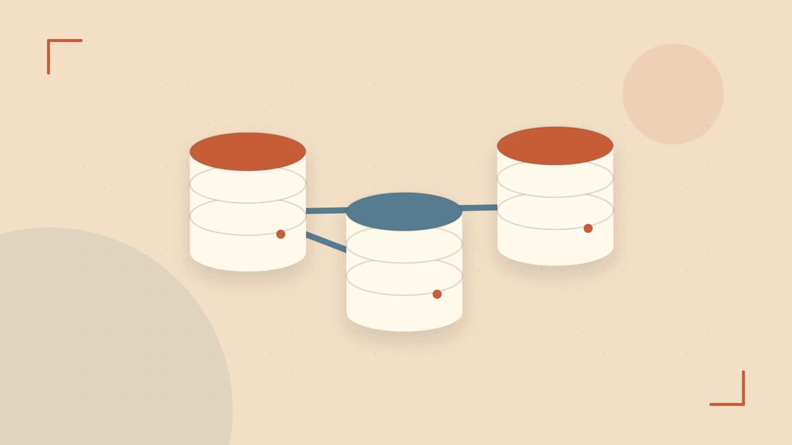 Editorial illustration of structured records, database cylinders and relationships between tables