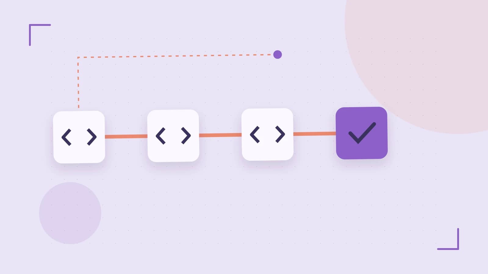Editorial illustration of a branching build pipeline, staged transformations and a completed check