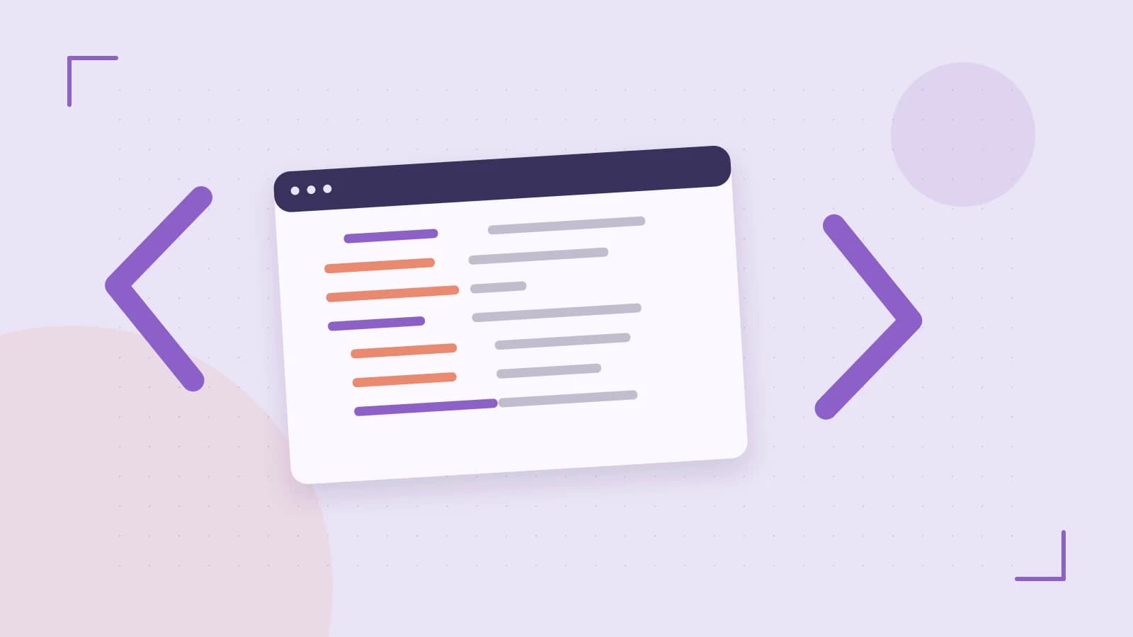 Editorial illustration of an abstract code editor, syntax blocks and oversized programming brackets