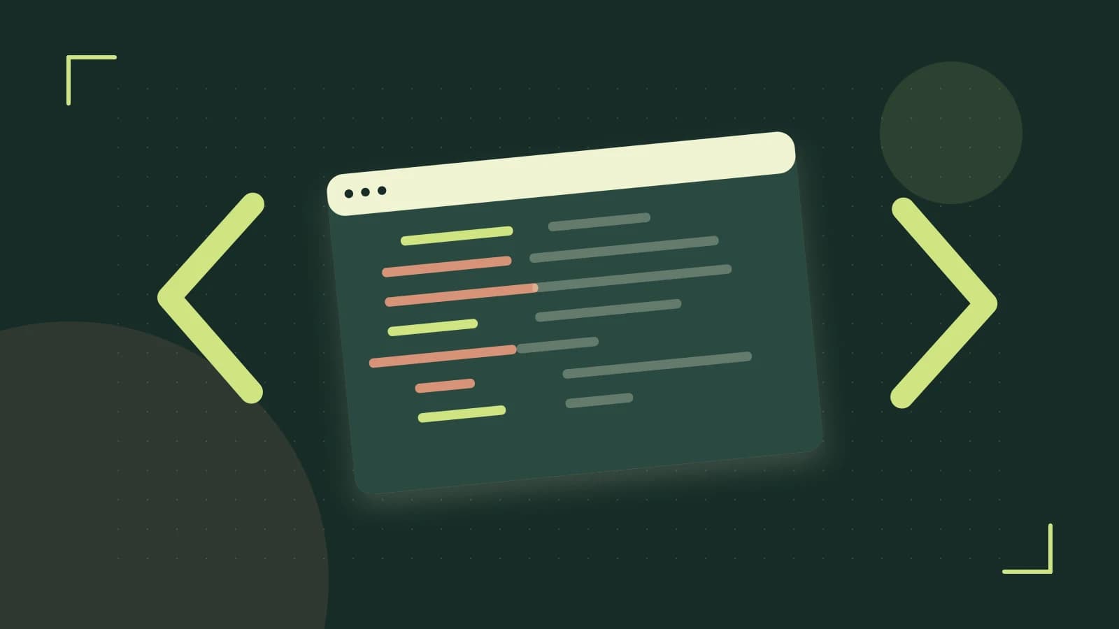 Editorial illustration of an abstract code editor, syntax blocks and oversized programming brackets