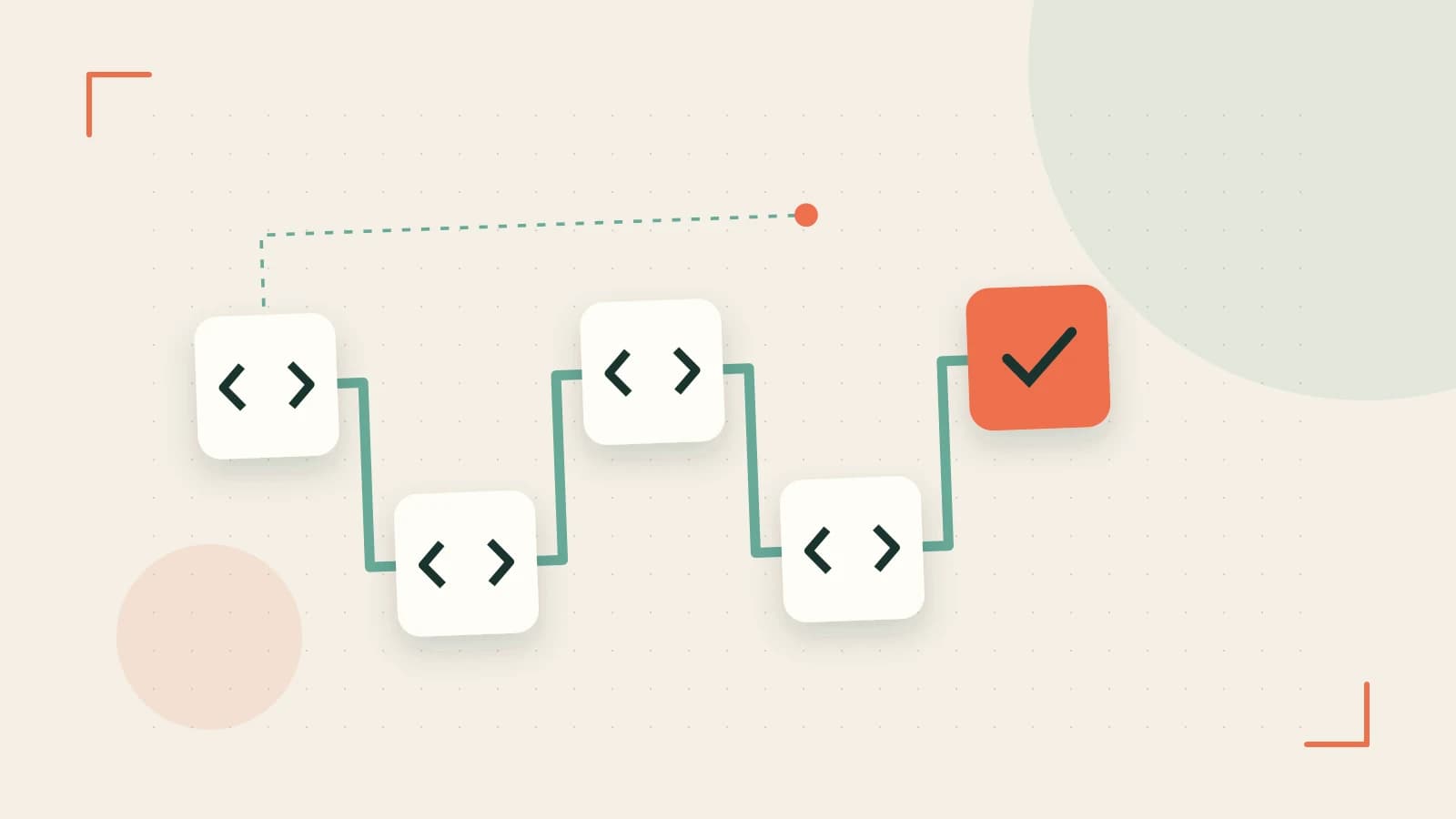 Editorial illustration of a branching build pipeline, staged transformations and a completed check