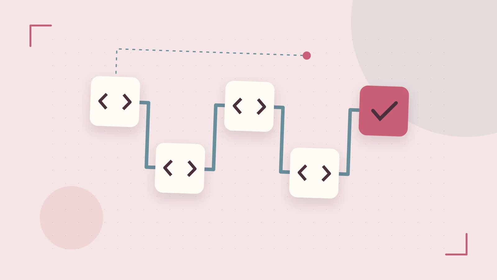 Editorial illustration of a branching build pipeline, staged transformations and a completed check