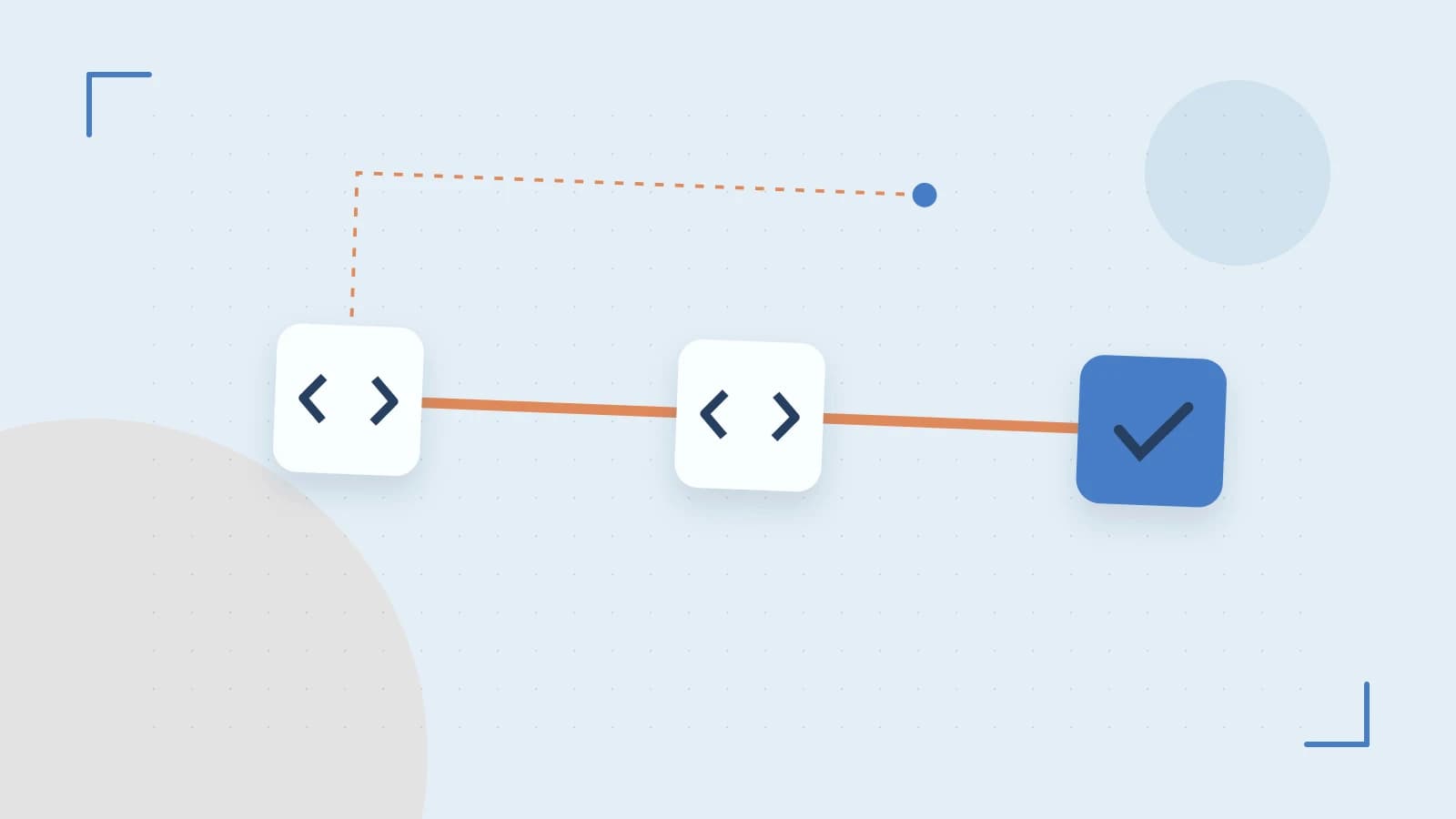 Editorial illustration of a branching build pipeline, staged transformations and a completed check