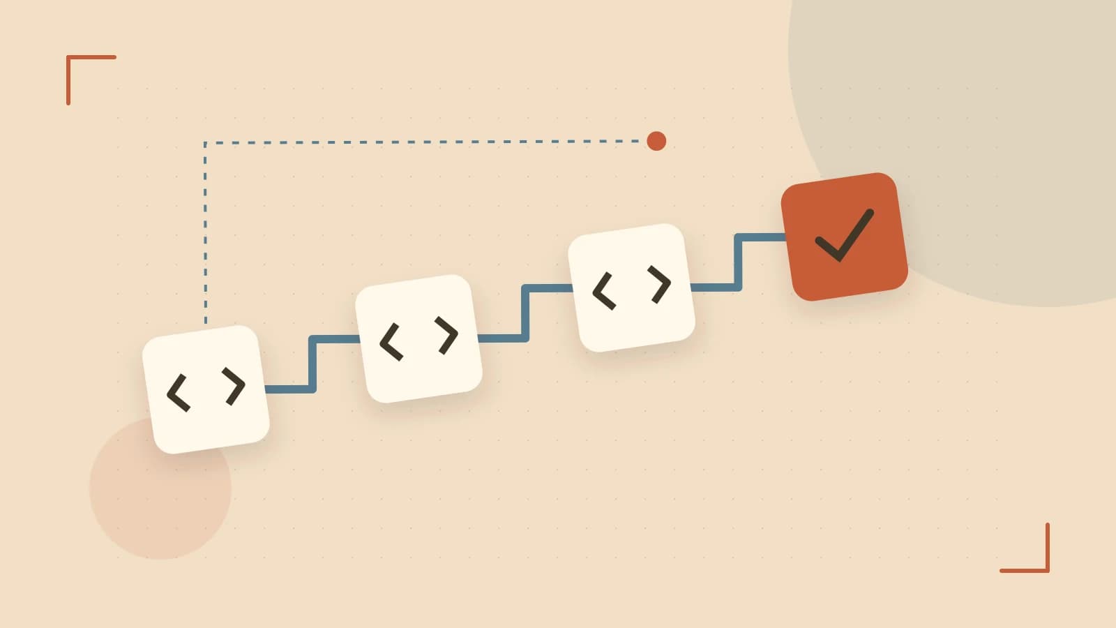 Editorial illustration of a branching build pipeline, staged transformations and a completed check