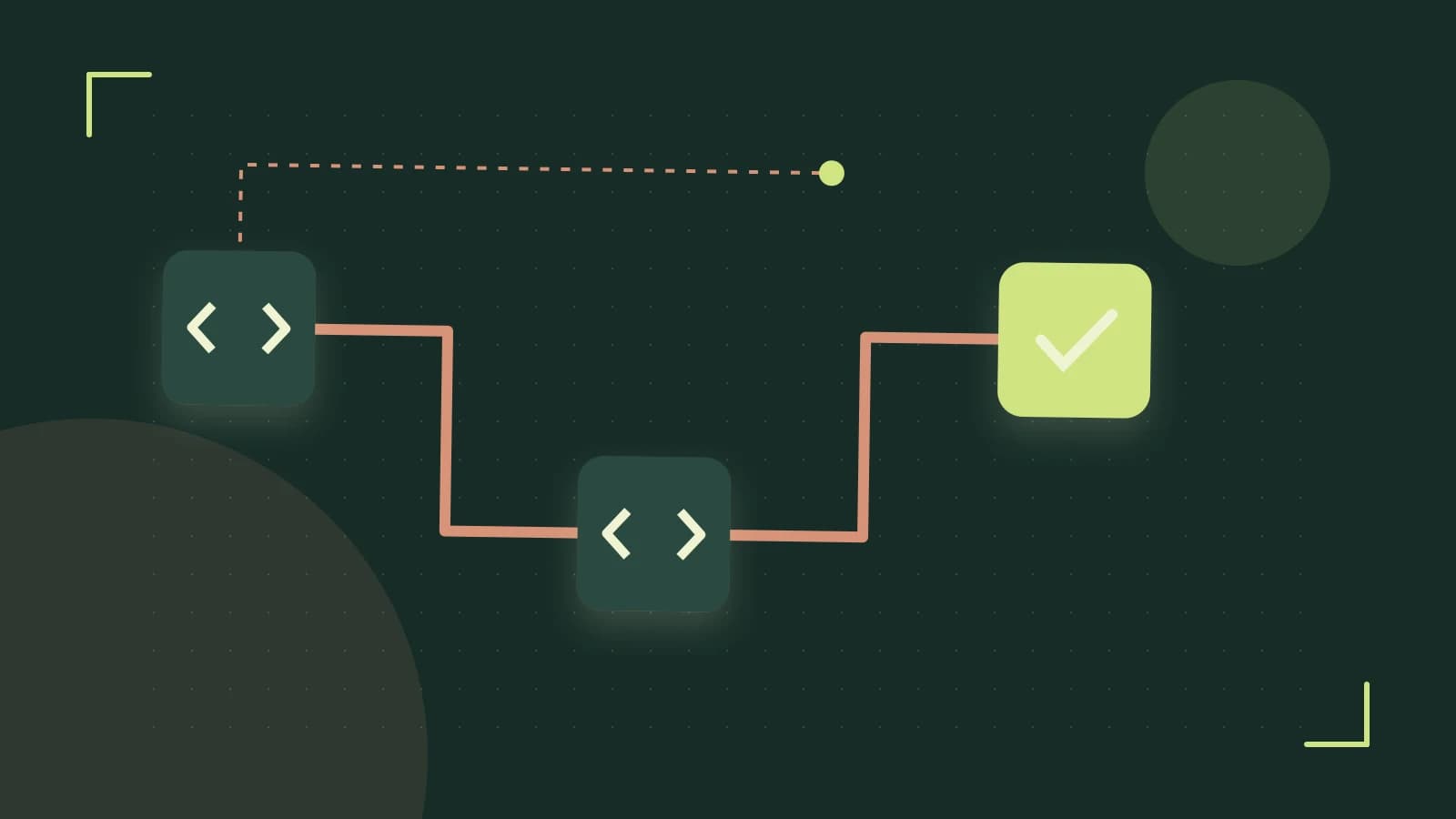 Editorial illustration of a branching build pipeline, staged transformations and a completed check