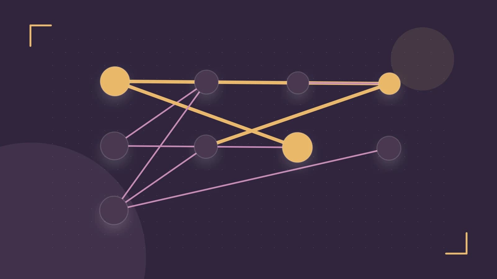 Editorial illustration of an algorithmic node graph with branching paths and a highlighted result