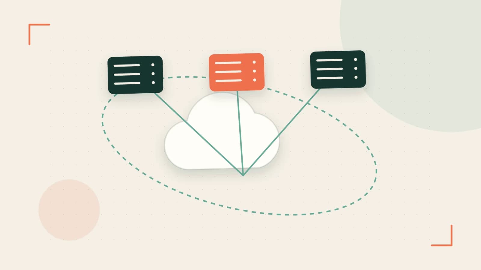 Editorial illustration of cloud infrastructure, connected server racks and an orbital service map