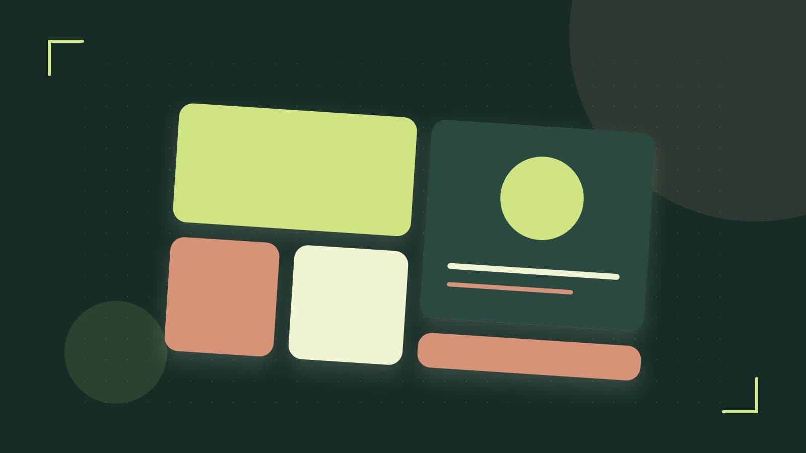 Editorial illustration of responsive browser layouts, overlapping design components and a color system
