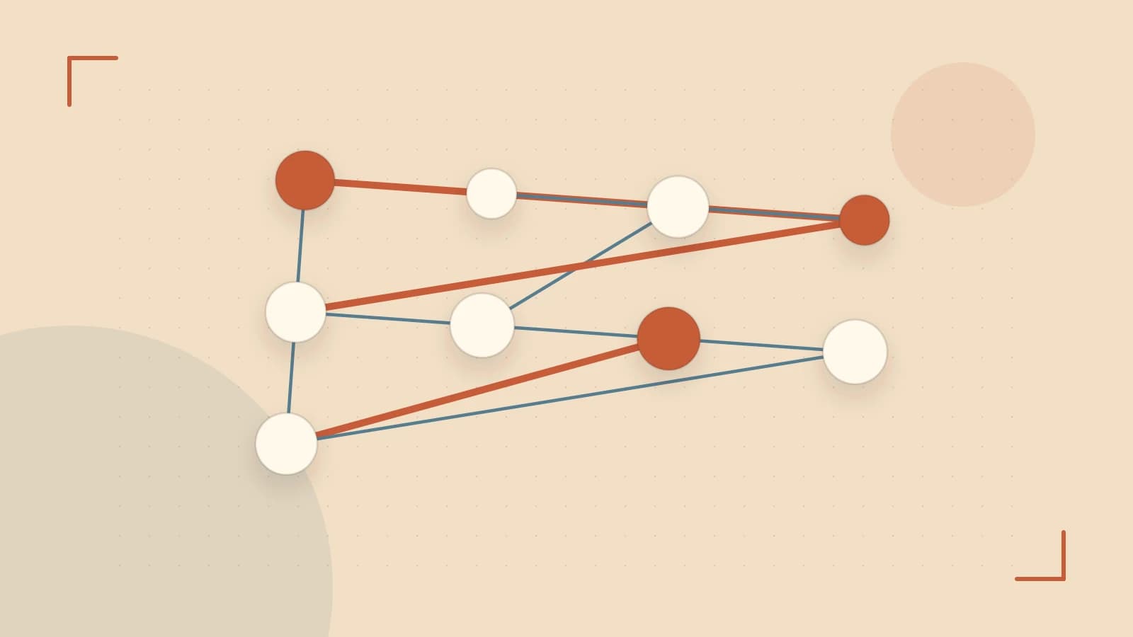 Editorial illustration of an algorithmic node graph with branching paths and a highlighted result