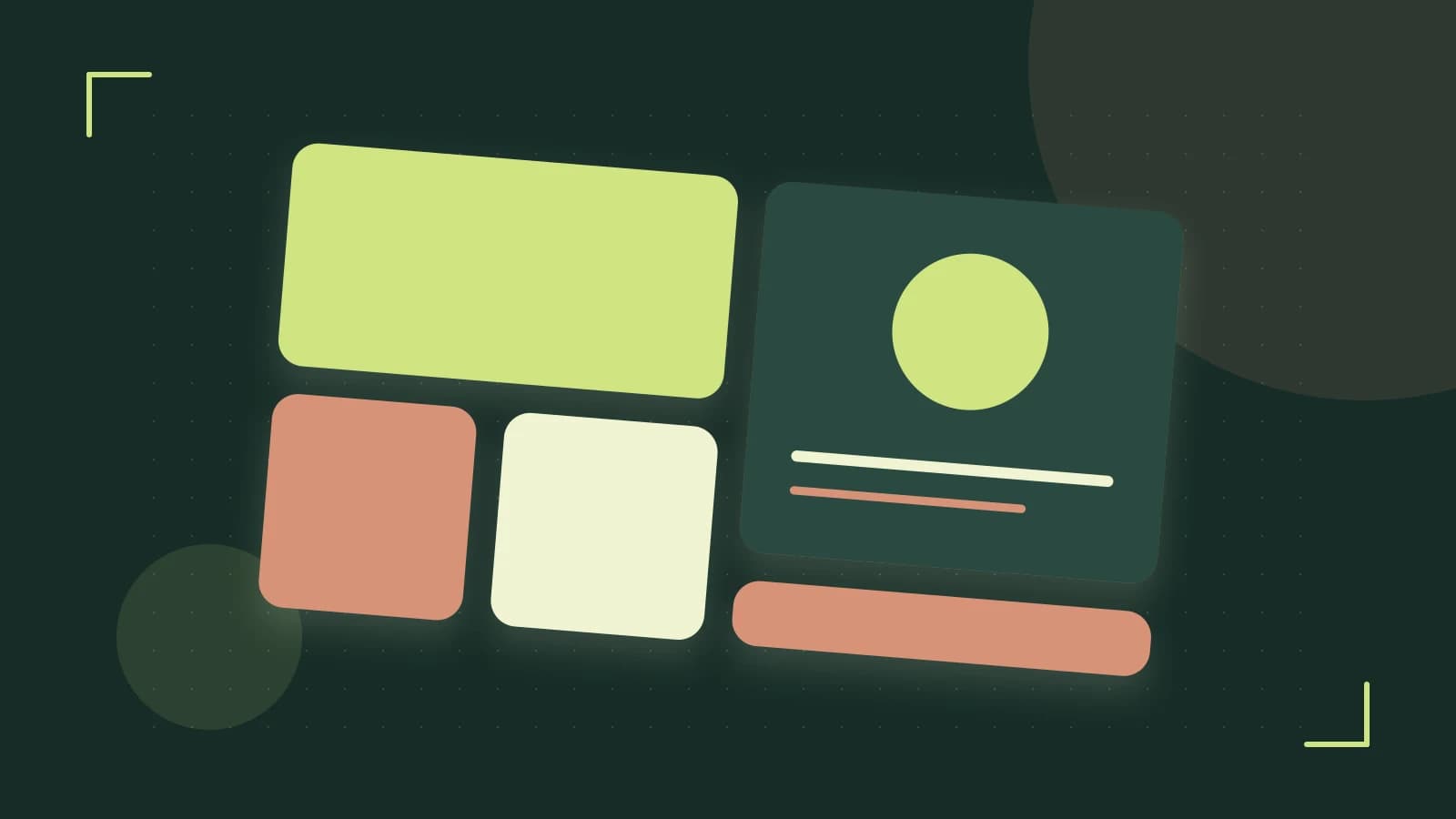 Editorial illustration of responsive browser layouts, overlapping design components and a color system