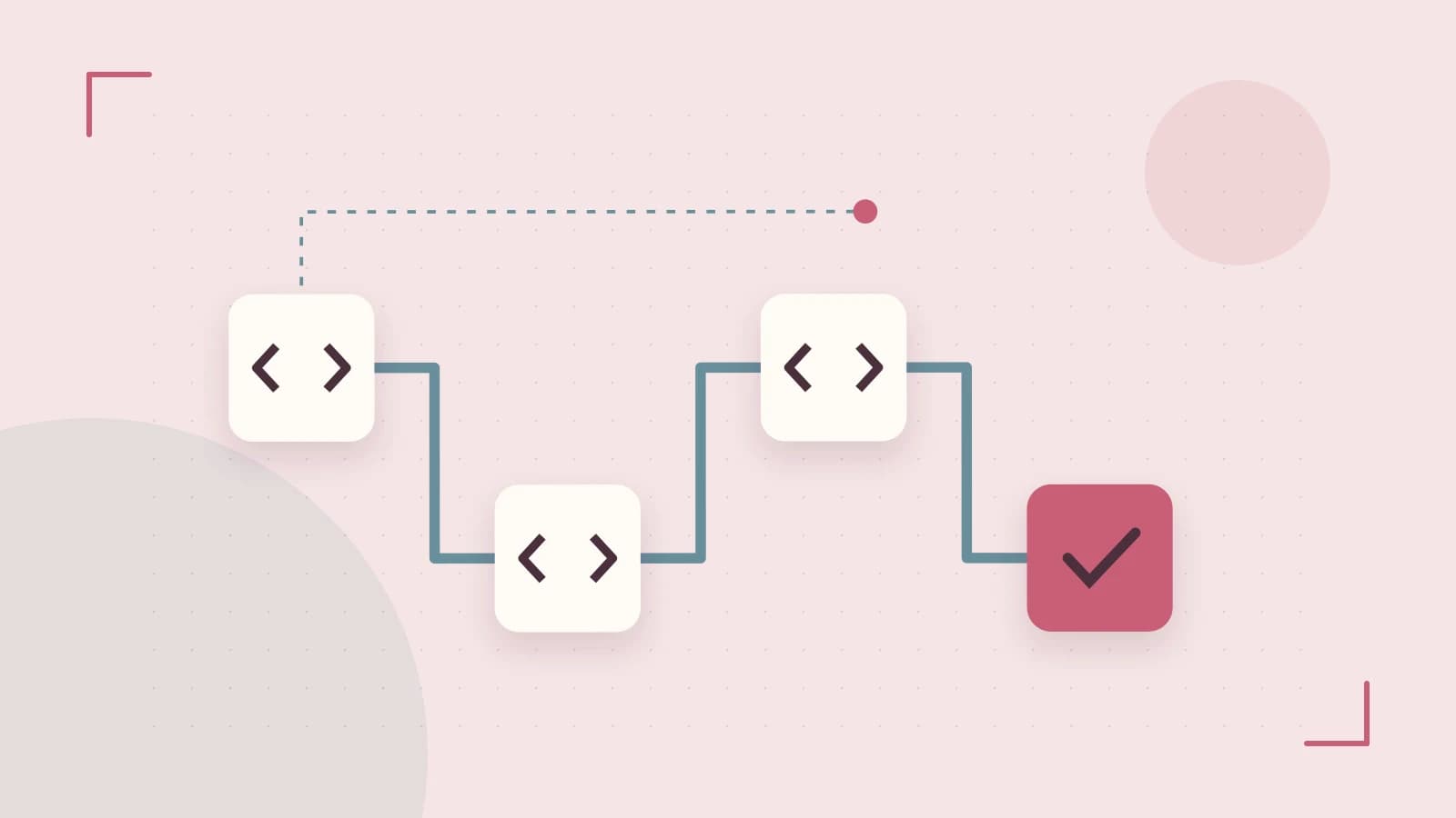 Editorial illustration of a branching build pipeline, staged transformations and a completed check