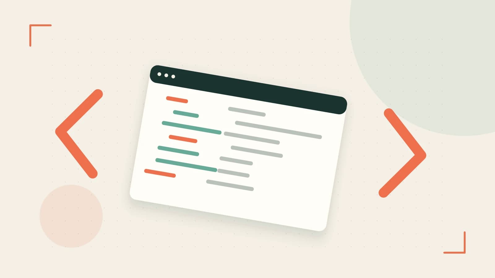 Editorial illustration of an abstract code editor, syntax blocks and oversized programming brackets