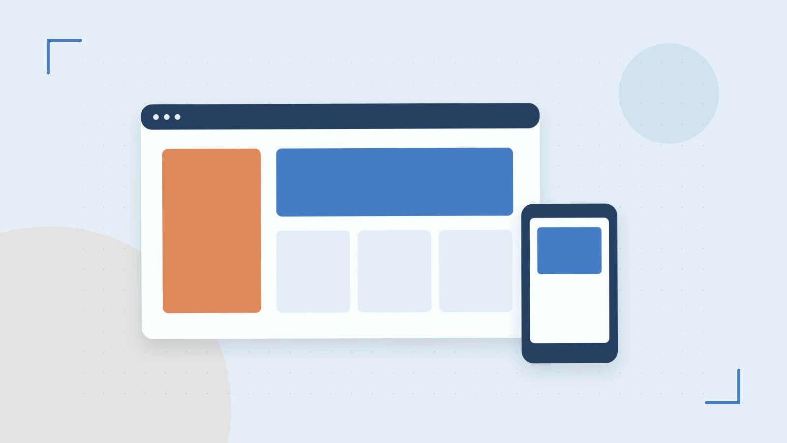 Editorial illustration of responsive browser layouts, overlapping design components and a color system